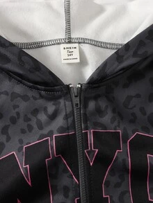 SHEIN 青少年女孩秋冬日常街頭風豹紋字母英文標語紐約市印花連帽拉鍊寬鬆夾克深灰色Y2K - 深灰色 - 查看 6
