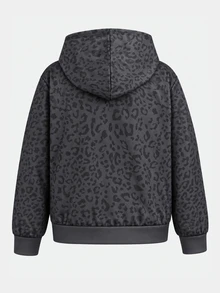 SHEIN 青少年女孩秋冬日常街頭風豹紋字母英文標語紐約市印花連帽拉鍊寬鬆夾克深灰色Y2K - 深灰色 - 查看 3