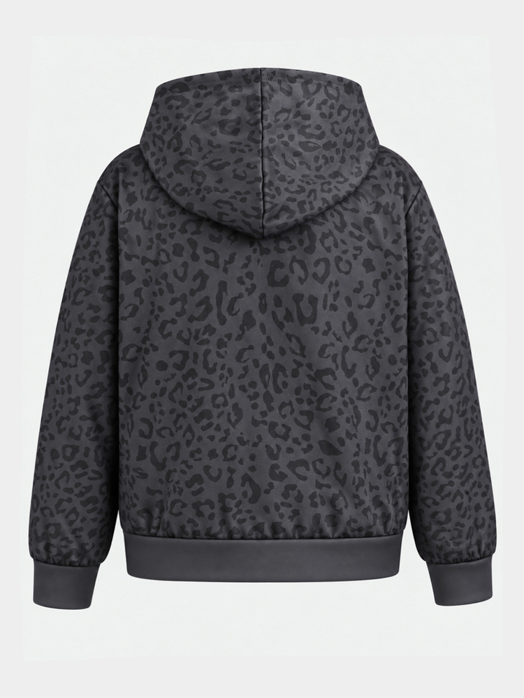 SHEIN Jaket Oversize Berkerudung dengan Resleting, Gaya Jalanan Sehari-hari Musim Gugur/Dingin untuk Remaja Perempuan, Motif Leopard, Huruf Bahasa Inggris, Slogan Kota New York, Warna Abu-abu Gelap, Gaya Y2K - Dark Grey - View 3