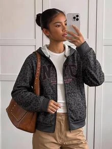 SHEIN 青少年女孩秋冬日常街頭風豹紋字母英文標語紐約市印花連帽拉鍊寬鬆夾克深灰色Y2K - 深灰色 - 查看 2