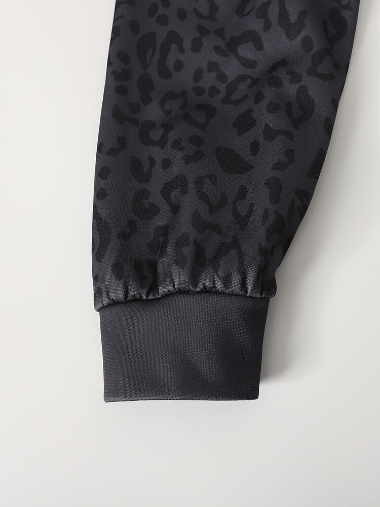 SHEIN Jaket Oversize Berkerudung dengan Resleting, Gaya Jalanan Sehari-hari Musim Gugur/Dingin untuk Remaja Perempuan, Motif Leopard, Huruf Bahasa Inggris, Slogan Kota New York, Warna Abu-abu Gelap, Gaya Y2K - Dark Grey - View 8