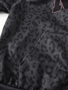 SHEIN 青少年女孩秋冬日常街頭風豹紋字母英文標語紐約市印花連帽拉鍊寬鬆夾克深灰色Y2K - 深灰色 - 查看 5