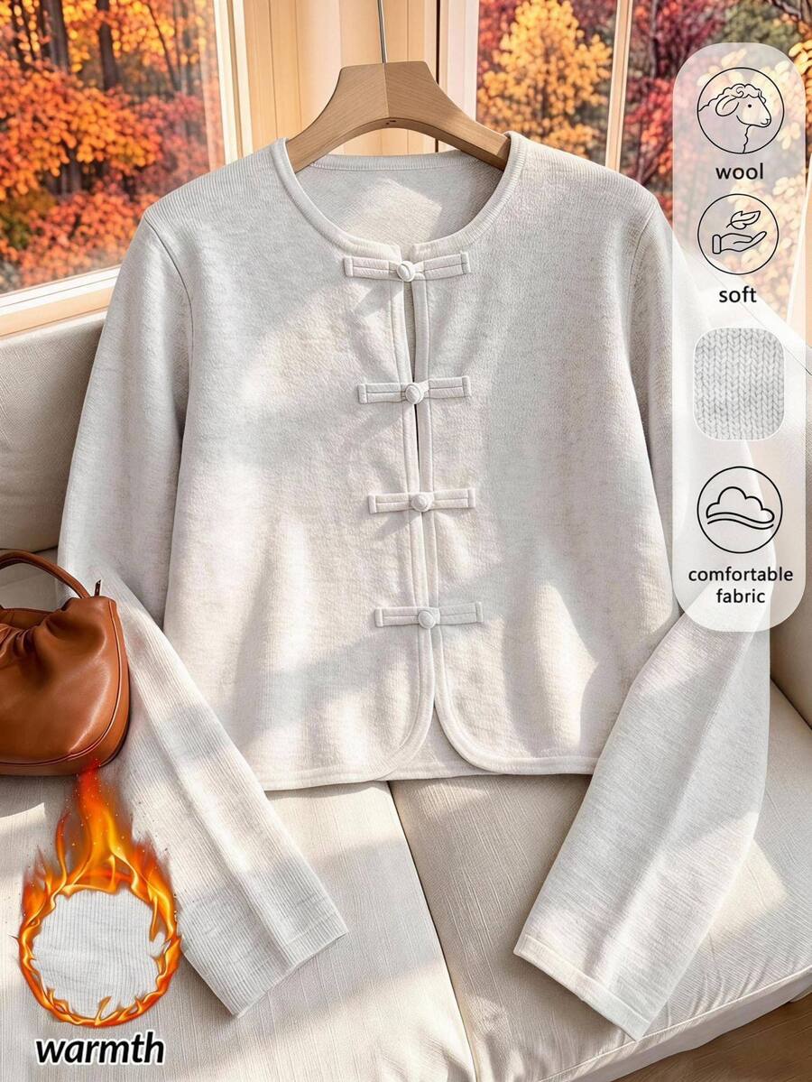 Rusticease Frog Button Front Sweater Brunch Office Tea Party White Autumn French Retro Minimalist Elegant - Apricot - View 1