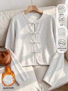 Rusticease Frog Button Front Sweater Brunch Office Tea Party White Autumn French Retro Minimalist Elegant - Apricot - View 3