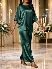 Fleurora Set 2 Potong Wanita Warna Polos Kerah Bulat Lengan Lonceng Kelim Asimetris Blus dan Celana Panjang Kasual Elegan untuk Pernikahan Koktail Makan Malam Malam Hijau Tua - Hijau - View 4