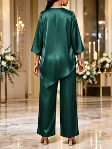 Fleurora Set 2 Potong Wanita Warna Polos Kerah Bulat Lengan Lonceng Kelim Asimetris Blus dan Celana Panjang Kasual Elegan untuk Pernikahan Koktail Makan Malam Malam Hijau Tua - Hijau - View 2