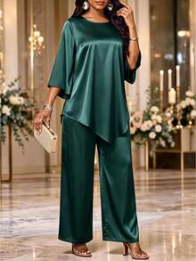 Fleurora Set 2 Potong Wanita Warna Polos Kerah Bulat Lengan Lonceng Kelim Asimetris Blus dan Celana Panjang Kasual Elegan untuk Pernikahan Koktail Makan Malam Malam Hijau Tua - Hijau - View 3