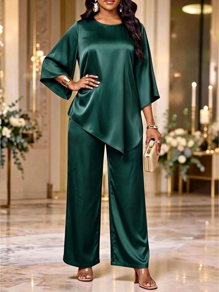 Fleurora Women's Solid Color Round Neck Bell Sleeve Asymmetrical Hem Blouse And Long Pants Casual Elegant 2 Pieces Set Wedding Cocktail Dinner Night Dark Green - Green - View 1