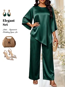 Fleurora Set 2 Potong Wanita Warna Polos Kerah Bulat Lengan Lonceng Kelim Asimetris Blus dan Celana Panjang Kasual Elegan untuk Pernikahan Koktail Makan Malam Malam Hijau Tua - Hijau - View 5