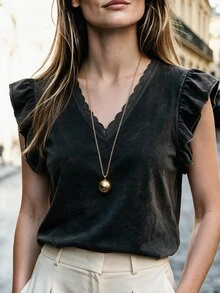Resyla Lace Trim Craft Fashion Simple Women's V-Neck Ruffle Short Sleeve T-Shirt Friend's Gift - Black - View 4