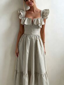 Pariaura 夏季黃白條紋女款洋裝，夏季穿搭，黃白條紋女款洋裝，春夏優雅度假穿搭，女裝，優雅派對，黃白條紋女款洋裝，春夏新品，黃白條紋女款洋裝 - 彩色 - 查看 3