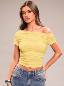 SHEIN BAE Camiseta de verano casual de unicolor con pliegues, ajuste ceñido y hombros asimétricos para vacaciones - Amarillo - Ver 5