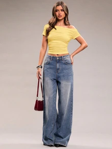 SHEIN BAE Camiseta de verano casual de unicolor con pliegues, ajuste ceñido y hombros asimétricos para vacaciones - Amarillo - Ver 3