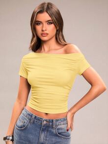 SHEIN BAE Camiseta de verano casual de unicolor con pliegues, ajuste ceñido y hombros asimétricos para vacaciones - Amarillo - Ver 4