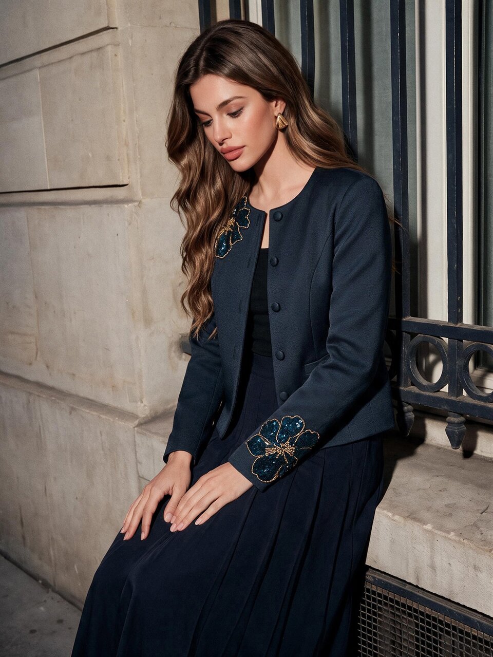 Anewsta Women's Elegant Navy Blue Short Jacket With Ornate Appliques Round Neck Long Sleeve Button Front Woven Fabric