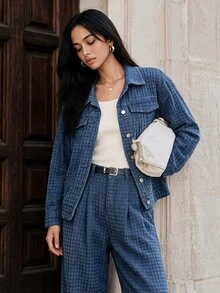 Anewsta Women's Jacquard Long Sleeve Single-Breasted Casual Denim Jacket - Blue - View 6