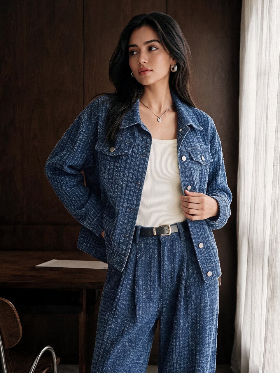 Anewsta Women's Jacquard Long Sleeve Single-Breasted Casual Denim Jacket