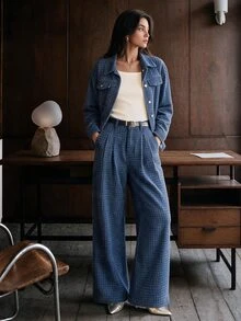 Anewsta Women's Jacquard Long Sleeve Single-Breasted Casual Denim Jacket - Blue - View 1