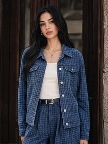 Anewsta Women's Jacquard Long Sleeve Single-Breasted Casual Denim Jacket - Blue - View 4
