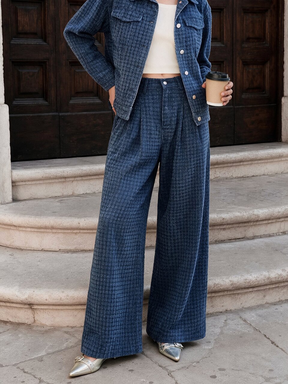 Anewsta Women's Casual Blue Denim Wide Leg Extra Long Washed Pants With Geometric All Over Print