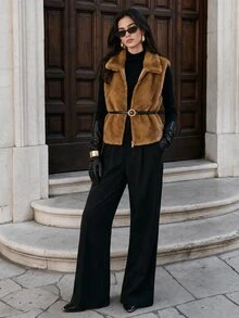 Anewsta Women's Autumn/Winter Lapel Faux Mink Wavy Embossed Vest Jacket - Coffee Brown - View 3