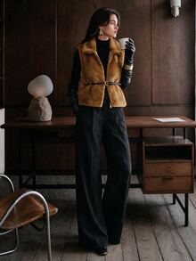 Anewsta Women's Autumn/Winter Lapel Faux Mink Wavy Embossed Vest Jacket - Coffee Brown - View 7
