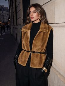 Anewsta Women's Autumn/Winter Lapel Faux Mink Wavy Embossed Vest Jacket - Coffee Brown - View 4