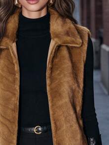 Anewsta Women's Autumn/Winter Lapel Faux Mink Wavy Embossed Vest Jacket - Coffee Brown - View 5