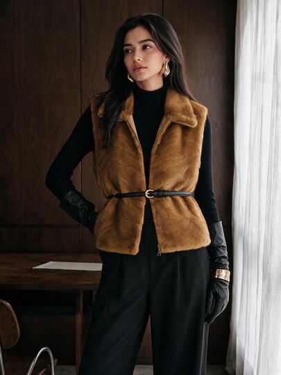 Anewsta Women's Autumn/Winter Lapel Faux Mink Wavy Embossed Vest Jacket