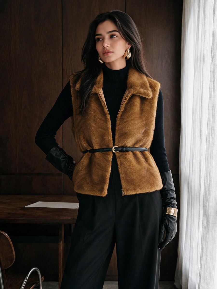 Anewsta Women's Autumn/Winter Lapel Faux Mink Wavy Embossed Vest Jacket - Coffee Brown - View 1