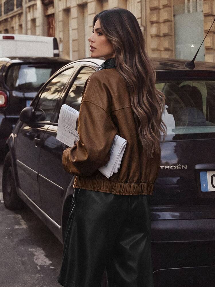 Anewsta Women's Autumn/Winter Fall Fashion Vintage Casual Maillard Brown Suede Knit Patchwork Leather Short Jacket, Versatile Everyday Going Out - Camel - View 2