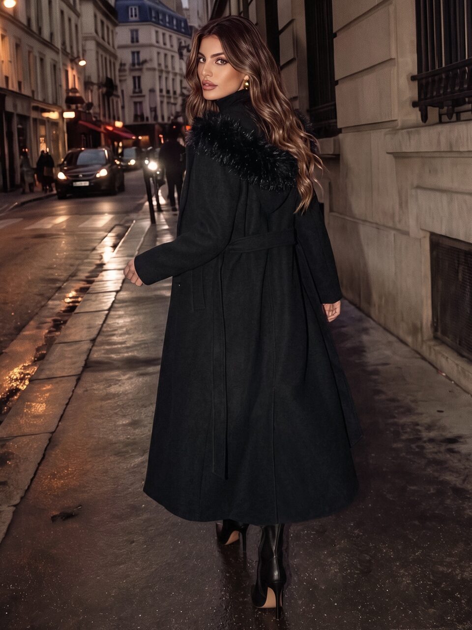 Anewsta Elegant Women's Long Black Knitted Overcoat With Hooded Contrast Faux Fur And Belted Waist