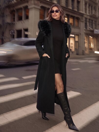 Anewsta Fluffy Fur Collar Hooded Long Wool Coat, Autumn, Winter, Going Out Office Dinner, Elegant, Formal, Party, Chic, New Year, Women's, Christmas, Black