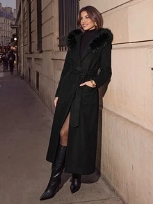 Anewsta 女款黑色毛絨領連帽長款羊毛大衣，秋冬款，適合外出、辦公室、晚餐、優雅正式、派對、時尚、新年、聖誕節 - 黑色 - 查看 5