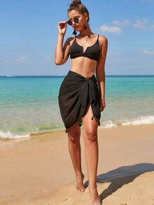 Swim Vcay Summer Beach Pom-Pom Decor Knot Cover Up - Black - View 7