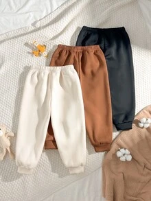 SHEIN Kids 3pcs/Set Young Boy Young Girl Cute Autumn/Winter Casual Versatile Solid Color Elastic Waist Long Pants, Boy All-Match Long Pants Multi-Pack - Multicolor - View 3