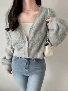 FRIFUL 女款素色長袖單排扣休閒針織開襟衫 - 灰色 - 查看 7