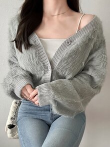 FRIFUL 女款素色長袖單排扣休閒針織開襟衫 - 灰色 - 查看 2