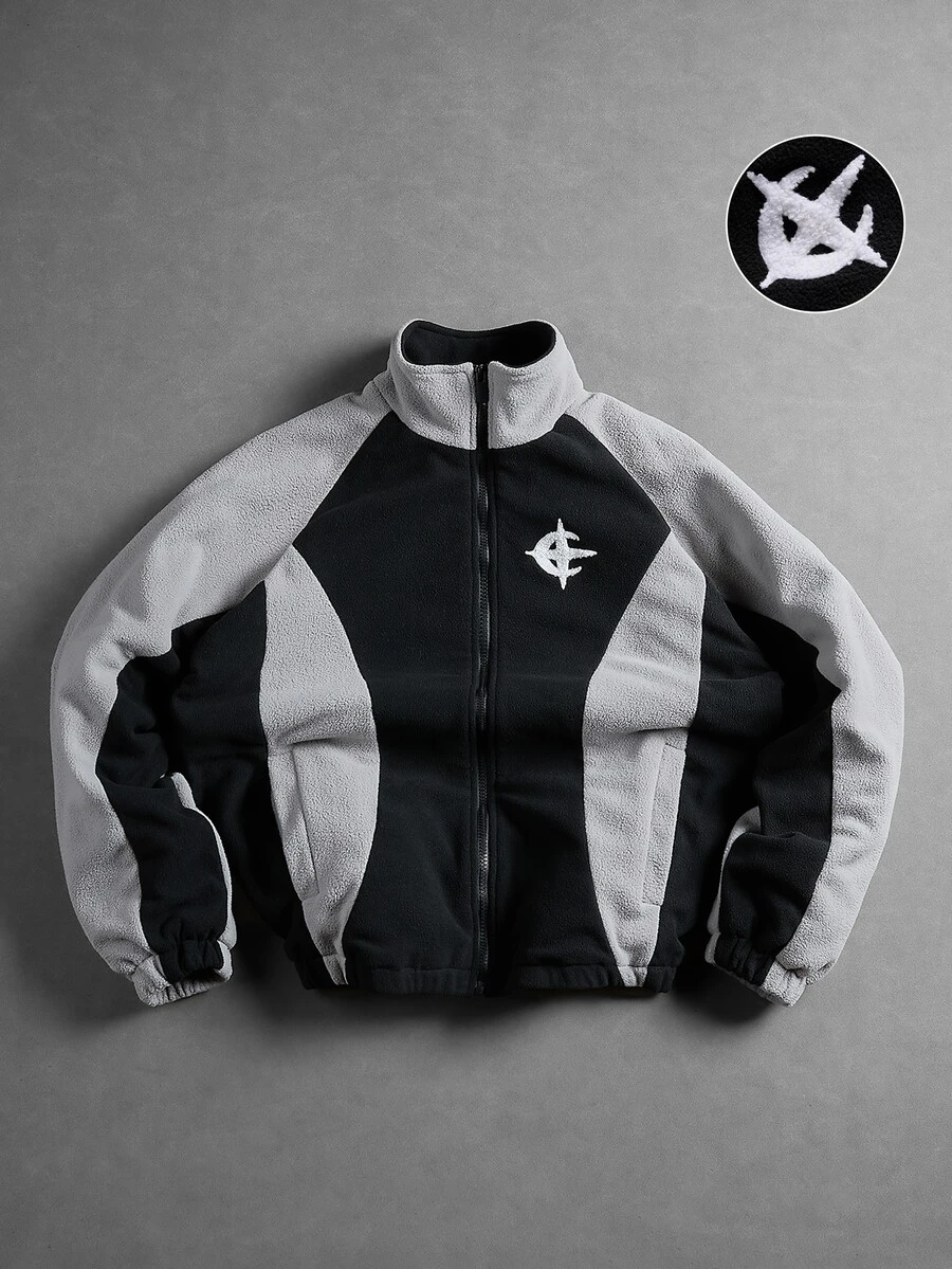 PAVTROS Men's Contrast Color Fleece Jacket With Embroidered Design On Chest, Stand Collar Zipper Casual Sports Embroidered Logo Jacket - Black - View 1