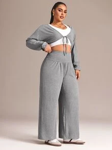 Sweetra Women's Plus Size Short Top And High Waist Long Pants Sports Set - Light Grey - View 7