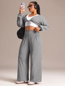 Sweetra Women's Plus Size Short Top And High Waist Long Pants Sports Set - Light Grey - View 5