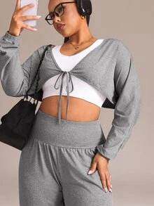 Sweetra Women's Plus Size Short Top And High Waist Long Pants Sports Set - Light Grey - View 8