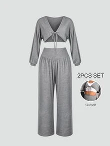 Sweetra Women's Plus Size Short Top And High Waist Long Pants Sports Set - Light Grey - View 1