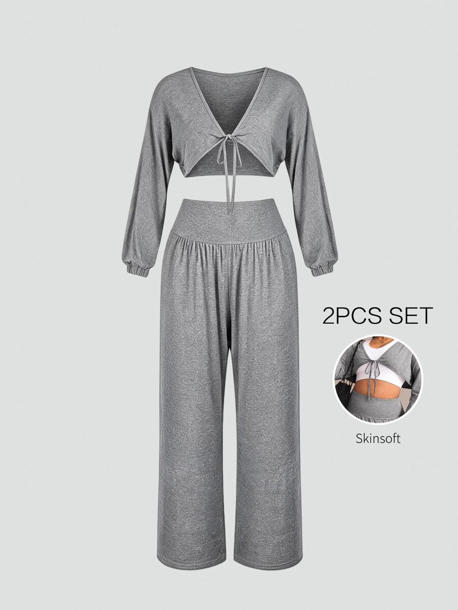 Sweetra Women's Plus Size Short Top And High Waist Long Pants Sports Set - Light Grey - View 1