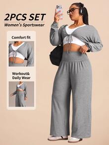 Sweetra Women's Plus Size Short Top And High Waist Long Pants Sports Set - Light Grey - View 3