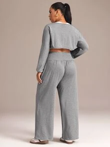 Sweetra Women's Plus Size Short Top And High Waist Long Pants Sports Set - Light Grey - View 2