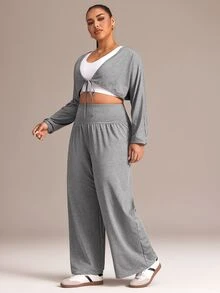 Sweetra Women's Plus Size Short Top And High Waist Long Pants Sports Set - Light Grey - View 6