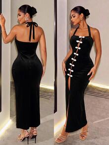 BamGleam Elegant Frog Button Velvet Sexy Halter Neck Tie Strap Dress Halloween Cocktail Night Out Party Black Summer - Black - View 8