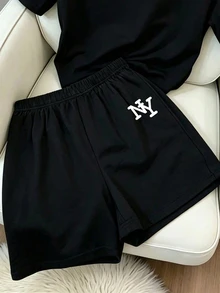 Resyla 夏季時尚休閒女款兩件套，適合日常與運動穿著，黑色紐約 NY 字母印花圓領短袖 T-shirt 套裝，優雅舒適設計，休閒出遊兩件套 - 黑色 - 查看 4