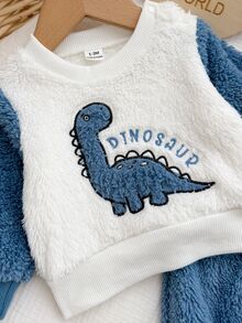 SHEIN Vintaside Kids 2件組男嬰可愛藍白恐龍刺繡毛絨拼接長袖圓領加厚羅紋運動衫褲套裝，適合秋冬冬季旅行與聖誕 - 淺藍色 - 查看 9